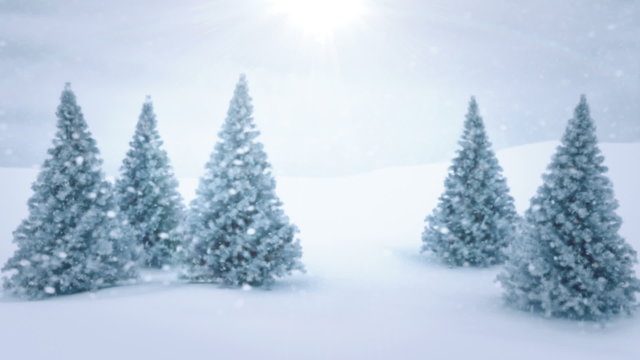 Winter in the mountains. Pine trees and snowflakes. Seamless looping Christmas background