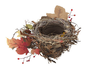 Bird's Nest in autumn.
Hand drawn vector illustration of an empty bird's nest with colorful fallen leaves, on white background.
- 94062293