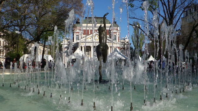 The beautiful pond in front of Ivan Vazov National Theatre in Sofia, Bulgaria. Slow Motion.