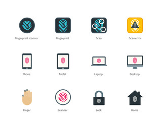 Fingerprint and devices color icons on white background.