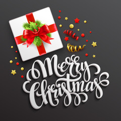 Merry Christmas greeting card. Gift box.  Vector illustration.