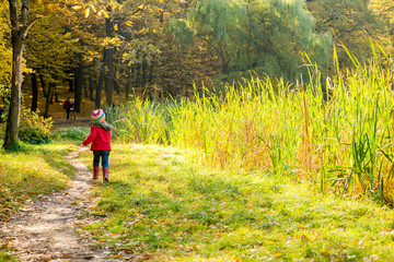 Obraz premium Little girl walking down the road in the autumn park.