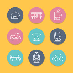 City transport, tram, train, bus, bike, taxi, trolleybus, linear round color icons, vector illustration