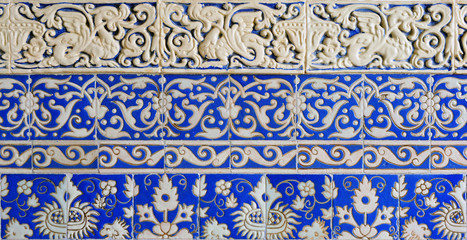Blue and white tiles relief, background