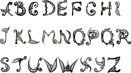 English alphabet. vector black and white drawing of letters with floral pattern of the english alphabet on a white background