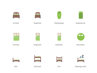 Hotel beds and Sleep signs color icons on white background.