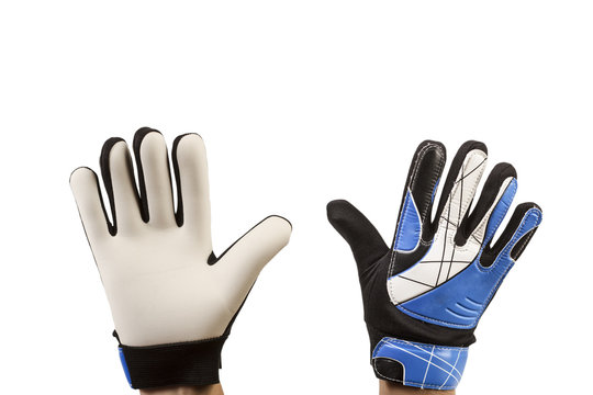 Manos con guantes de F&uacute;tbol blanco y azul sobre fondo blanco aislado. Vista de frente y de cerca. Copy space