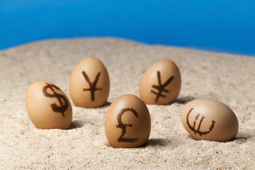 Universal money icon painted on eggs on the sand