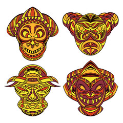 Tribal mask. Collection of masks with ethnic geometric ornament. Hand drawn vector illustration