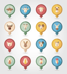 Farm animals mapping pins icons