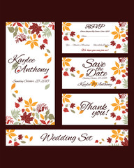 Wedding invitation card suite with colorful autumn leaves