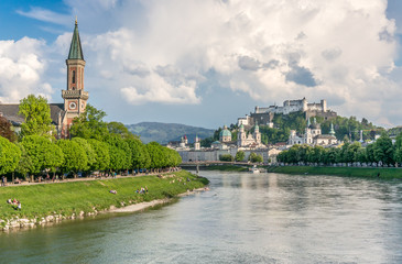 Historic city of Salzburg with river Salzach in summer, Austria