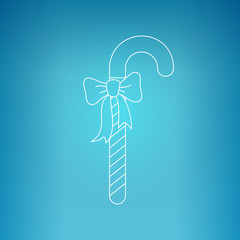 Christmas Candy Cane  with  Bow, Merry Christmas and Heppy New Year  , Christmas Candy on a Blue Background , Christmas Decoration, Drawing in the Contours,  Vector Illustration