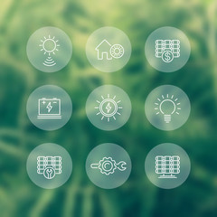 Solar energy, solar power, panels, plant, line round white icons, vector illustration