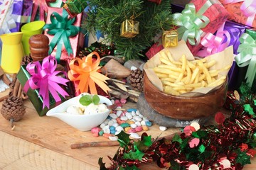 Gift boxes and french fries , ice cream to celebrate Christmas.