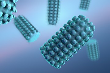 Background with viruses. Rabies virus, a virus transmitted by bites of rabid animal, realistic image of microbe, microorganism, microscopic view, bullet shaped virus, RNA virus