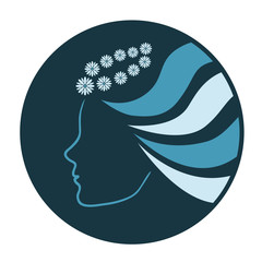 A girl in profile with long wavy hair in a wreath of daisies. Vector isolated on white background logo elements
