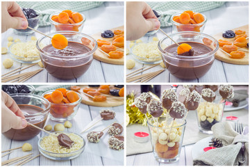 Making apricot and prunes lollipops, covered with chocolate and macadamia nuts, collage