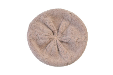 beret knitted closeup on white background.