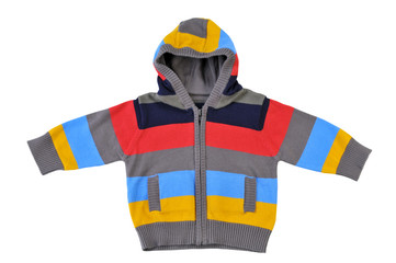 Knitted childrens striped sweater with zipper  on white backgrou