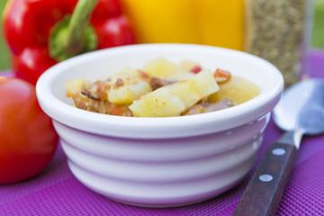 Meat ragout with veggies in bowl