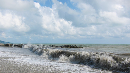Big  wave rolls on rocky beach