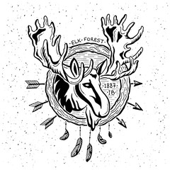 Illustration of vintage grunge label with moose