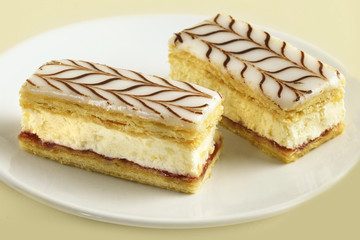 Plated fresh cream slice dessert