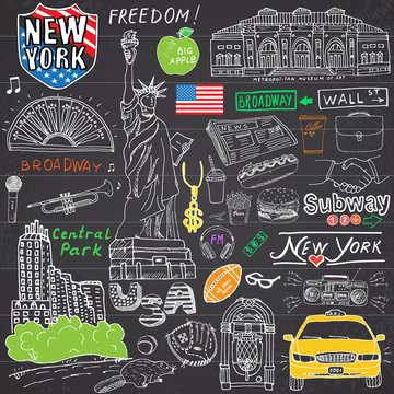 New York city doodles elements. Hand drawn set with, taxi, coffee, hotdog, statue of liberty, broadway, music, coffee, newspaper, museum, central park. Drawing doodle collection, on chalkboard