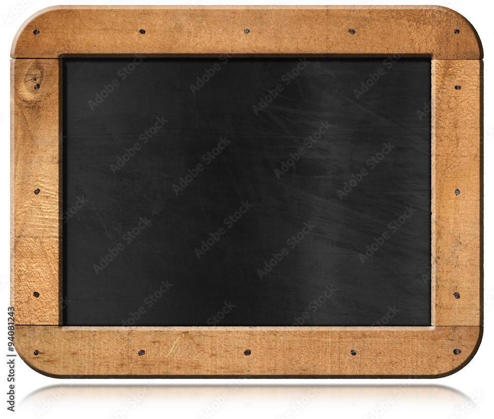 Poster old empty blackboard with nails / old blank blackboard with wooden rectangular frame and nails. isol