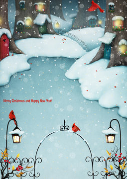 Greeting card or poster or illustration with forest winter village