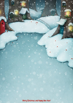 Greeting card or poster or illustration with forest winter village