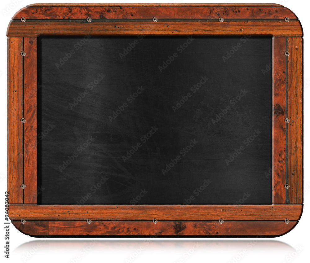 Poster old empty blackboard with screws / old blank blackboard with wooden rectangular frame and screws. is