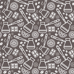Endless coffee background. Vector seamless pattern of coffee.  Isolated on grey background 