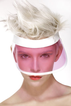 beauty shot blond perfect young model wear pink visor