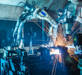 welding Robot movement Industrial automotive part in factory