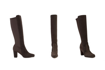 Botas de mujer de color marrón en diferentes vistas sobre un fondo blanco liso y aislado. Vista de frente y de cerca. Composición