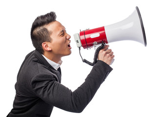 handsome young asian man with a megaphone