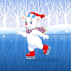 Cute cartoon polar bear ice skating with winter background