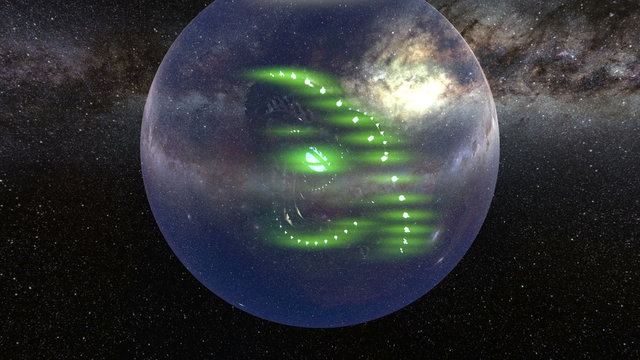 Armillary sphere station with glowing lights in outer space