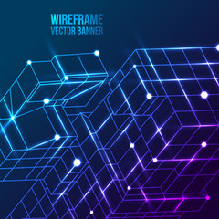 Wireframe Mesh Cubes. Connected dots and lines.