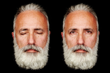 two faces of senior bearded man
