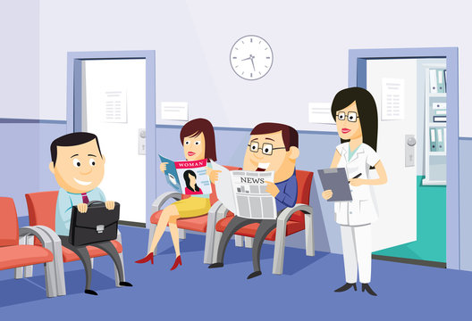 The best medical health care. Modern interior of a private medical practice Health Center. Vaccination. Waiting room at the doctor with the patient and nurse. Simple cartoon vector illustration.