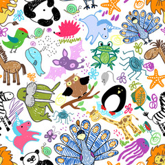 Obraz premium Childrens drawings seamless pattern with animals
