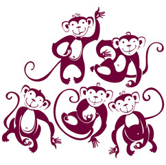 Five funny monkeys. Silhouette illustration.