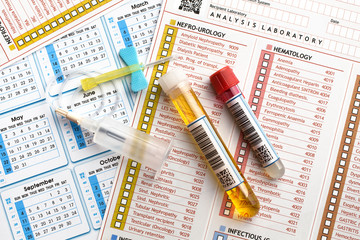 tubes of blood and urine samples for analysis and report and calendar citations / Laboratory work...
