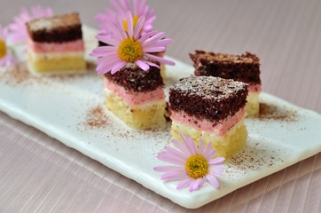 Homemade сake with strawberry souffle and Flowers chrysanthemums.