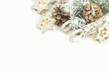 Christmas background with decoration with light star, cones and