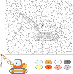 Color by number educational game for kids. Cartoon crane. Vector