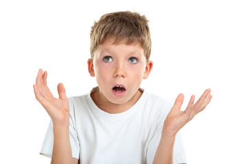 Portrait of emotional little boy on white background